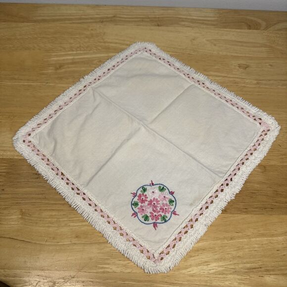 Handmade Other - Vintage Hand Embroidered Floral Dresser End Table Scarf 10”x10”